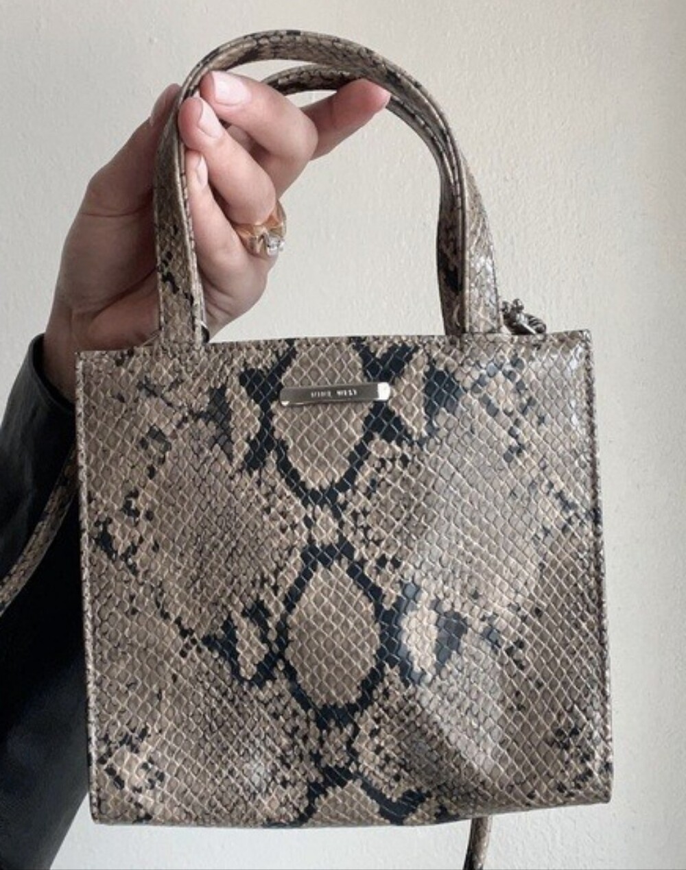Nine West Snake Print Mini Tote White With Black Accents & Removable Strap trap